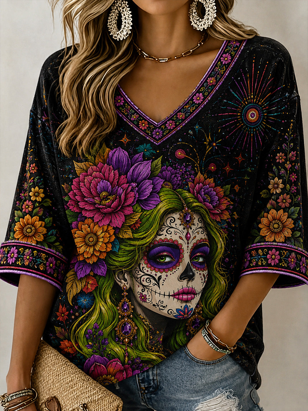 Women's Day Of The Dead Plant Flower Pattern Print Casual  Mid-length Sleeves V-Neck T-Shirt