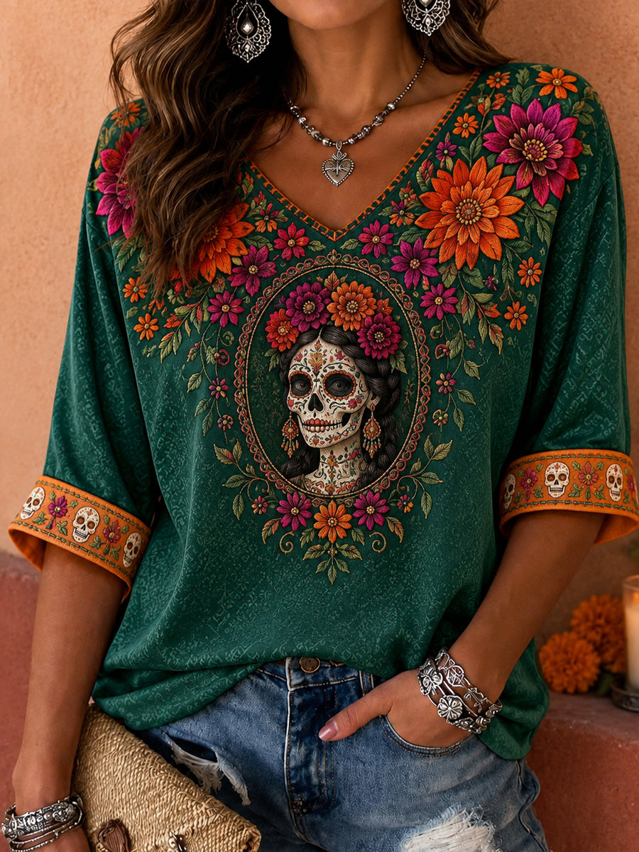 Women's Mexico Day of The Dead Floral Art Printed T-shirt