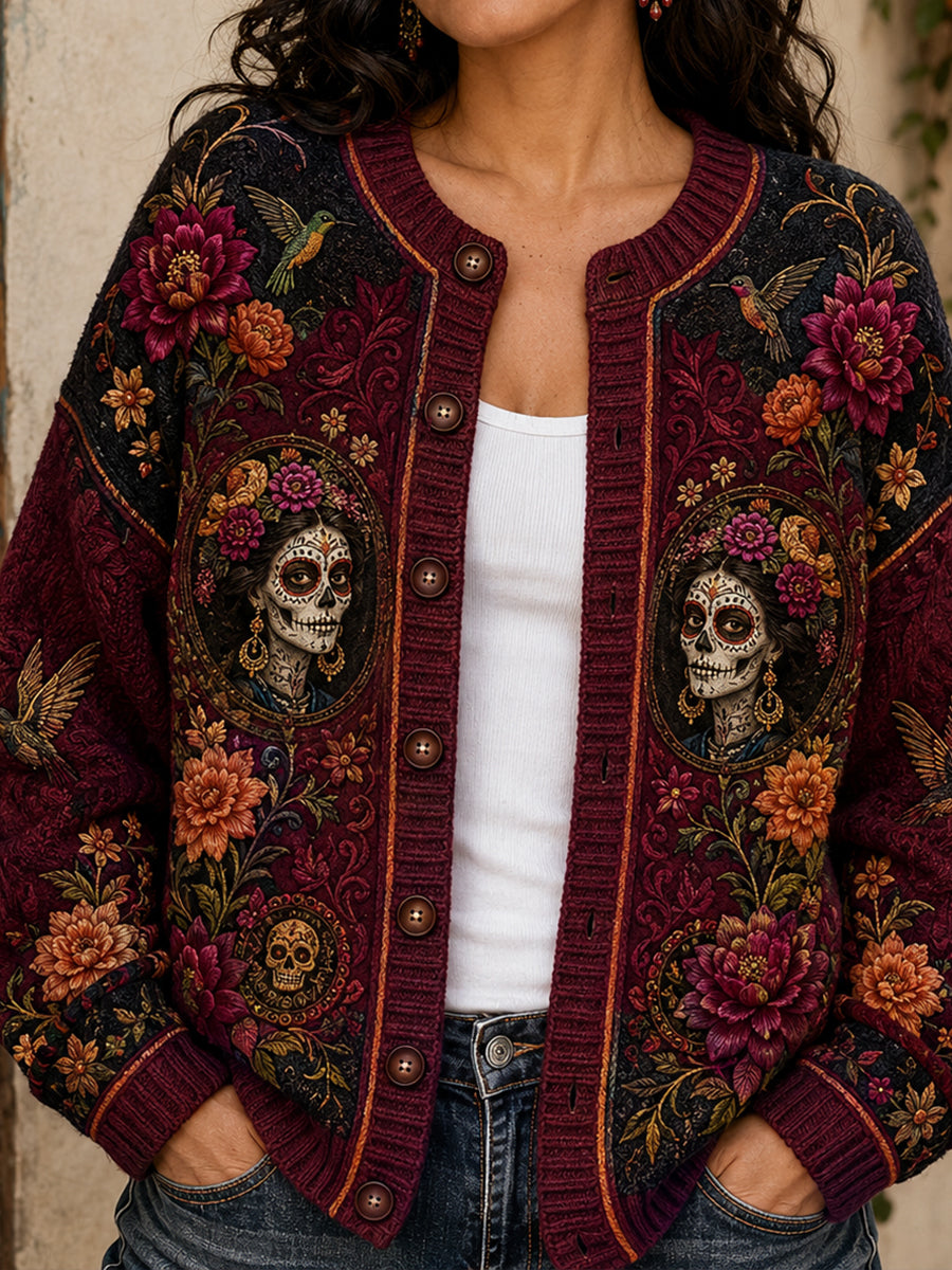 Women's Mexico Day of The Dead Floral Art Printed Cardigan-Style Knit Jacket