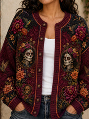 Women's Mexico Day of The Dead Floral Art Printed Cardigan-Style Knit Jacket
