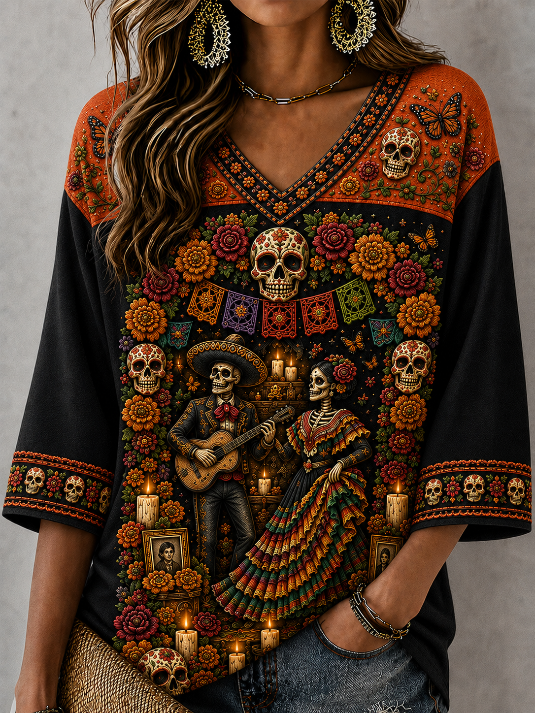 Women's Day Of The Dead Mid-length Sleeves V-Neck T-Shirt