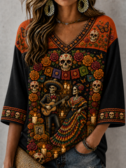 Women's Day Of The Dead Mid-length Sleeves V-Neck T-Shirt