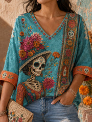 Women's Mexico Day of The Dead Floral Art Printed T-shirt