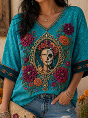 Women's Mexico Day of The Dead Floral Art Printed T-shirt