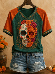 Women's Mexico Day of The Dead Floral Art Printed T-shirt