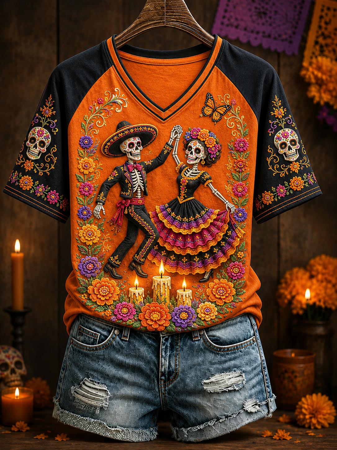 Women's Day Of The Dead V-neck Off-shoulder Short-sleeved T-shirt