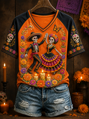 Women's Day Of The Dead V-neck Off-shoulder Short-sleeved T-shirt