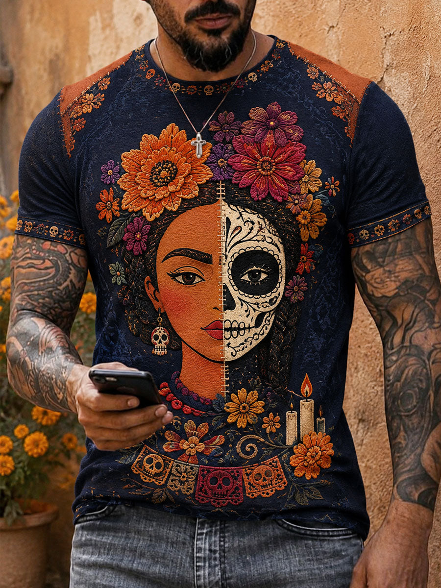 Men's Mexico Day of The Dead Floral Art Printed T-shirt