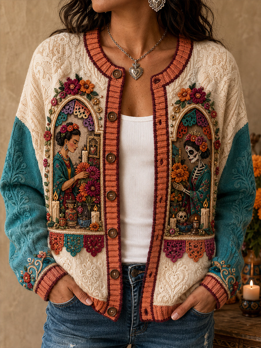 Women's Mexico Day of The Dead Floral Art Printed Cardigan-Style Knit Jacket