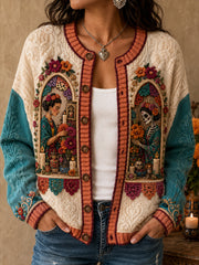 Women's Mexico Day of The Dead Floral Art Printed Cardigan-Style Knit Jacket