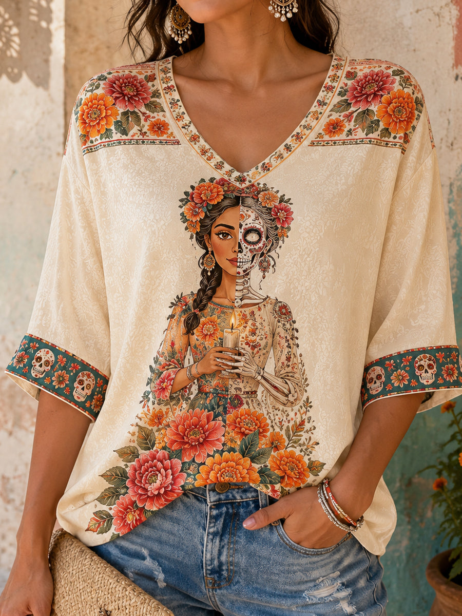 Women's Mexico Day of The Dead Floral Art Printed T-shirt
