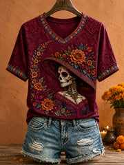 Women's Mexico Day of The Dead Floral Art Printed T-shirt