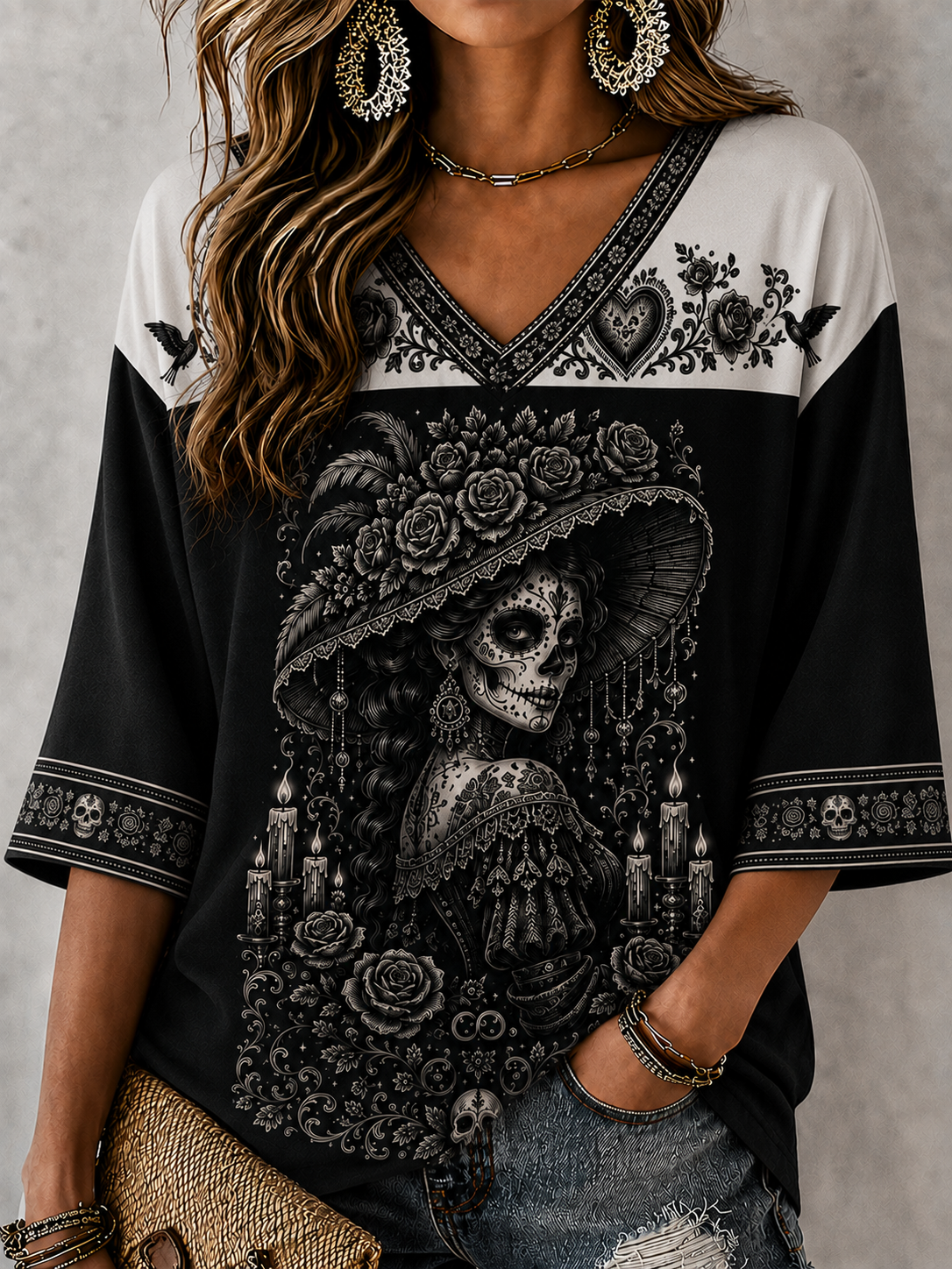 Women's Day Of The Dead Mid-length Sleeves V-Neck T-Shirt
