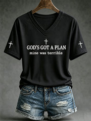 Women's God's Got A Plan Mine Was Terrible Print V-Neck Tee
