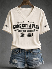 Women's God's Got A Plan Mine Was Terrible Print V-Neck Tee