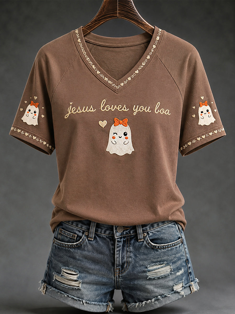 Women's Christian Halloween Jesus Loves You Boo Cute Ghost Print Casual V-Neck Tee