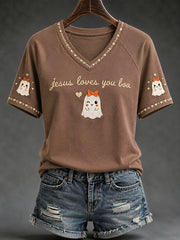 Women's Christian Halloween Jesus Loves You Boo Cute Ghost Print Casual V-Neck Tee