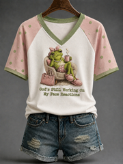 Women's God’s Still Working On My Face Reactions V-neck Off-shoulder Short-sleeved T-shirt