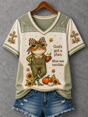 Women's God's Got A Plan Mine Was Terrible Print V-Neck Tee
