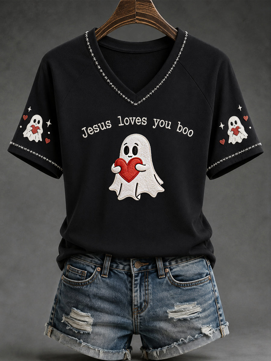 Women's Christian Halloween Jesus Loves You Boo Cute Ghost Print Casual V-Neck Tee