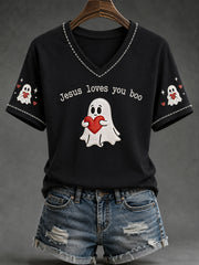 Women's Christian Halloween Jesus Loves You Boo Cute Ghost Print Casual V-Neck Tee