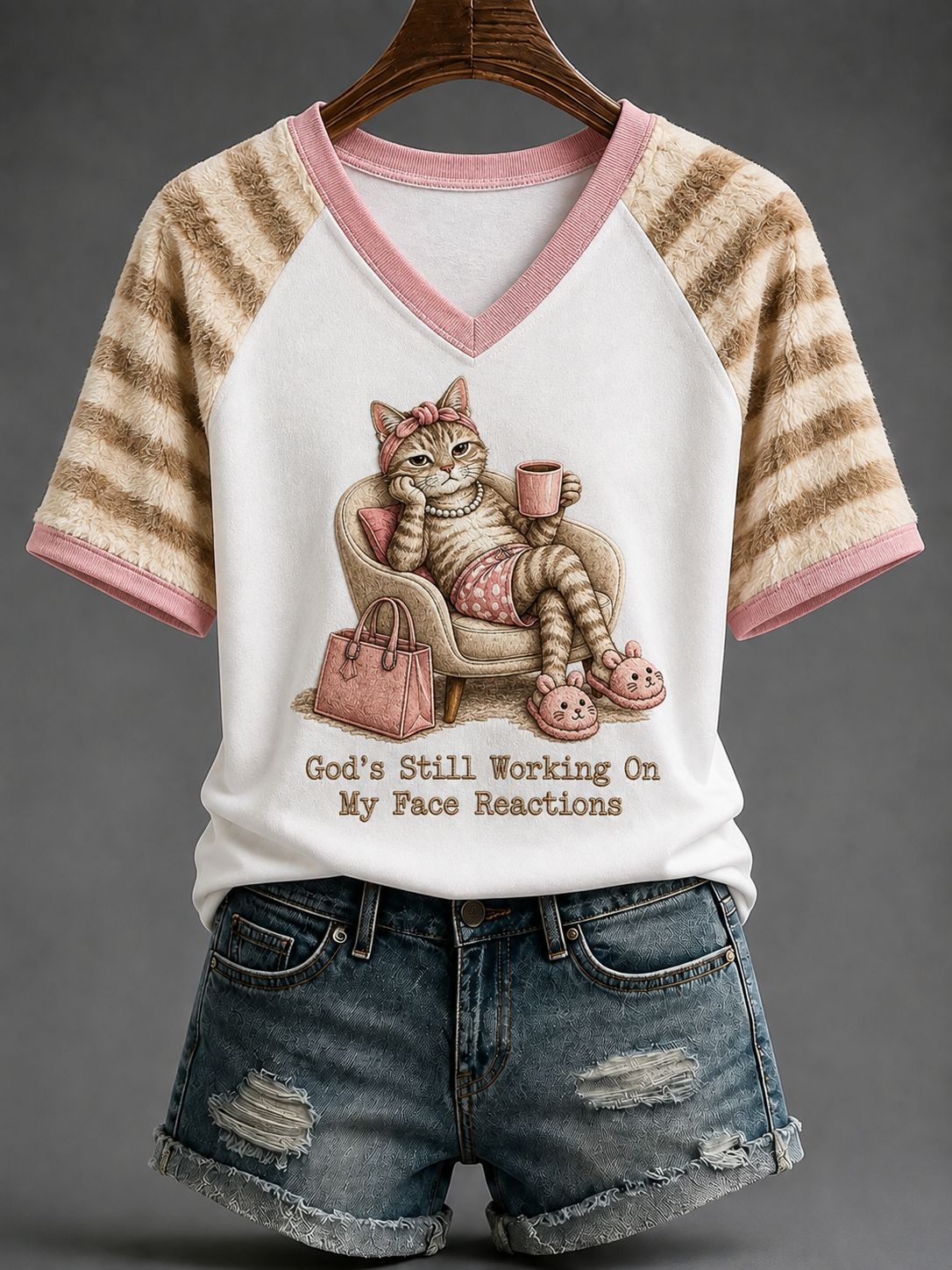 Women's God’s Still Working On My Face Reactions V-neck Off-shoulder Short-sleeved T-shirt