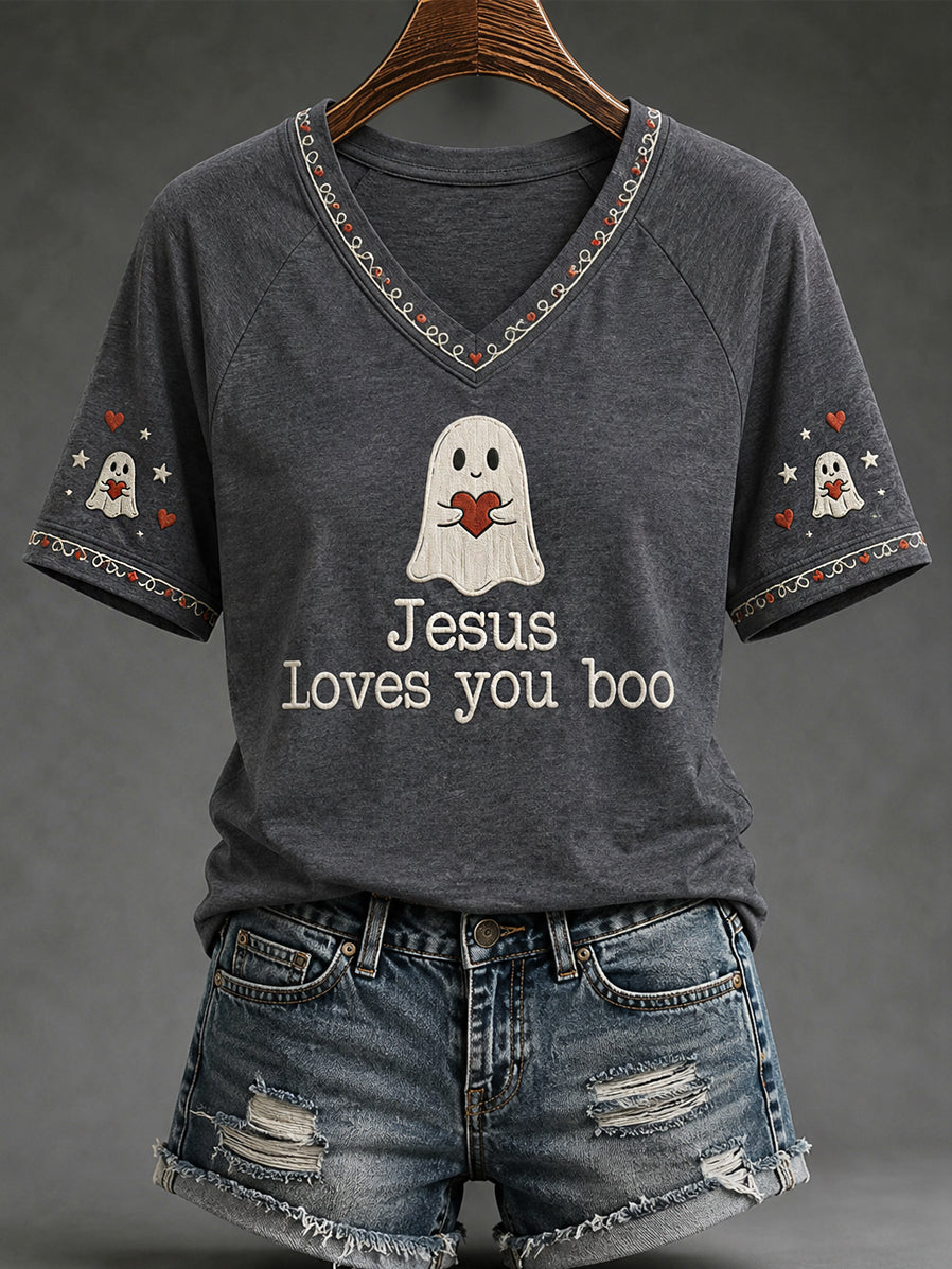 Women's Christian Halloween Jesus Loves You Boo Cute Ghost Print Casual V-Neck Tee
