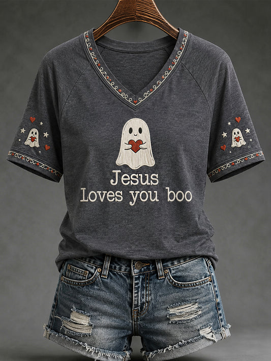 Women's Christian Halloween Jesus Loves You Boo Cute Ghost Print Casual V-Neck Tee