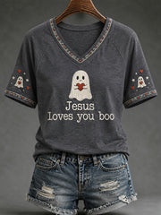 Women's Christian Halloween Jesus Loves You Boo Cute Ghost Print Casual V-Neck Tee