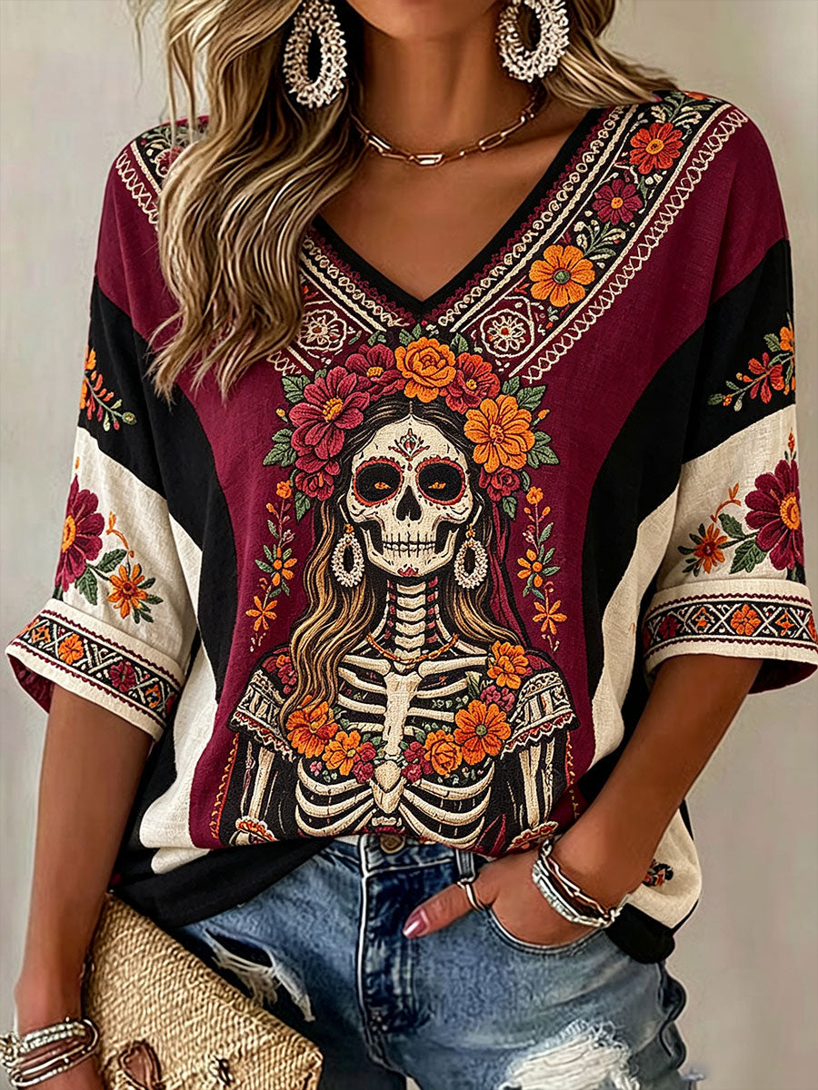 Women's Mexico Day of The Dead Floral Art Printed T-shirt