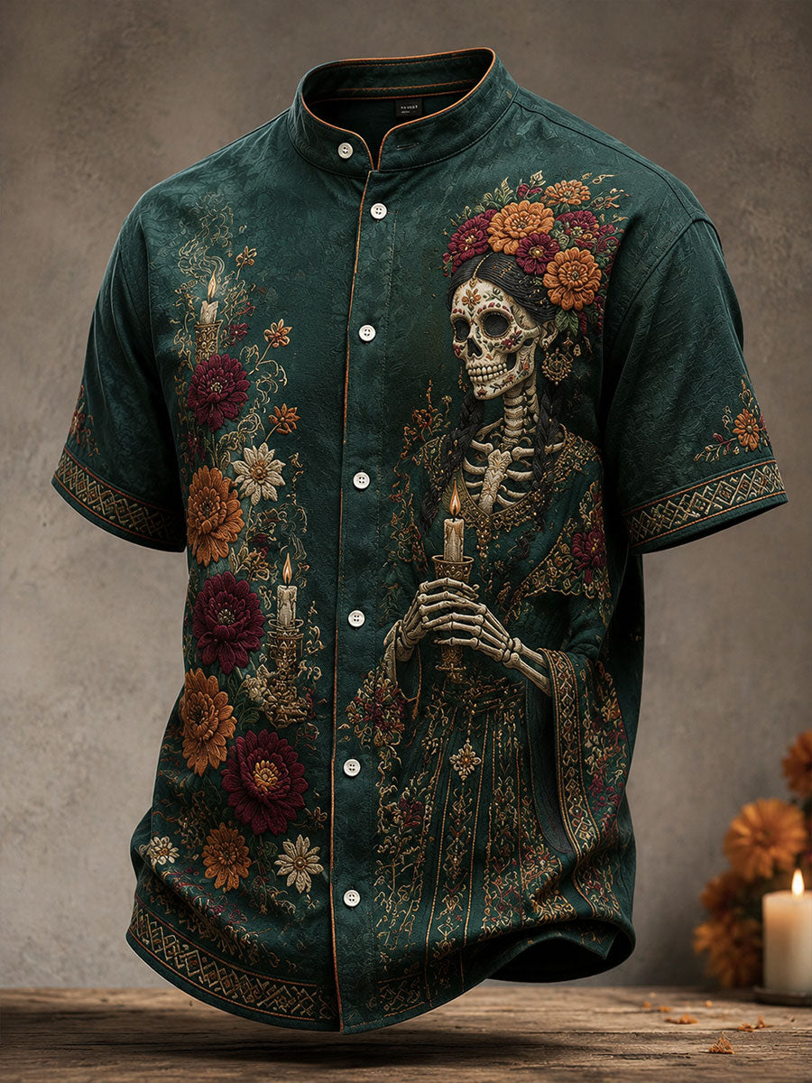 Men's Mexico Day of The Dead Floral Art Printed Shirt