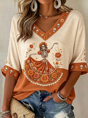 Women's Mexico Day of The Dead Floral Art Printed T-shirt
