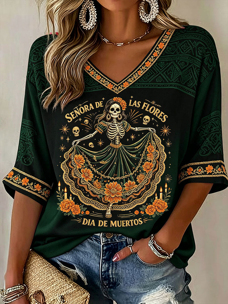 Women's Mexico Day of The Dead Floral Art Printed T-shirt