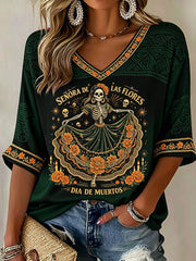 Women's Mexico Day of The Dead Floral Art Printed T-shirt