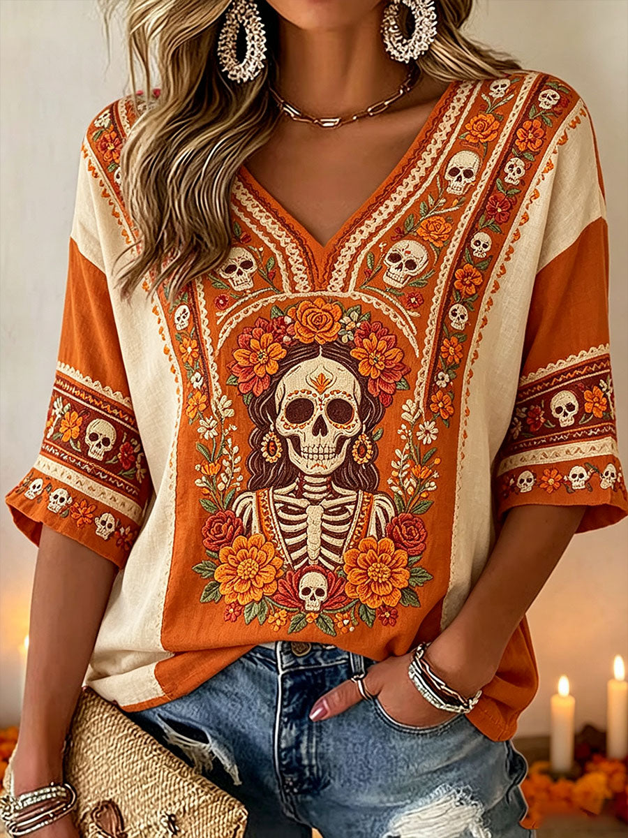 Women's Mexico Day of The Dead Floral Art Printed T-shirt