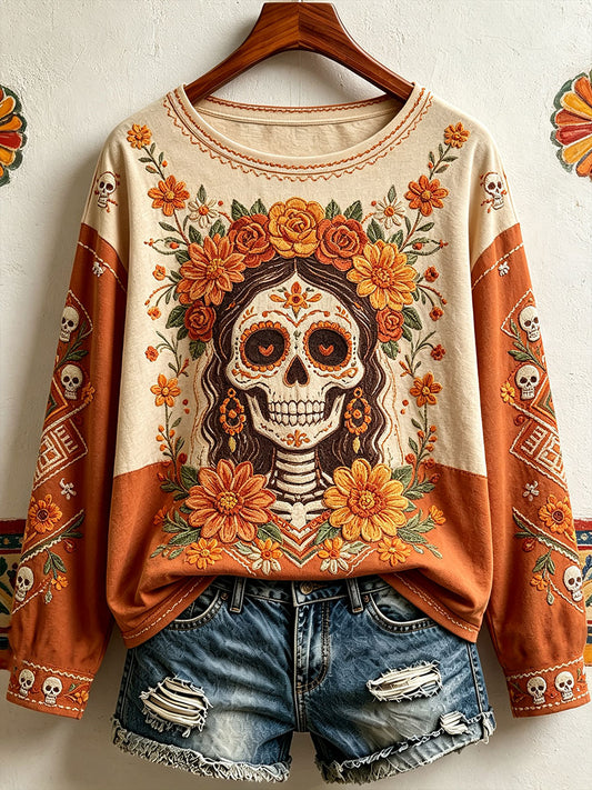 Women's Mexico Day of The Dead Floral Art Printed T-shirt