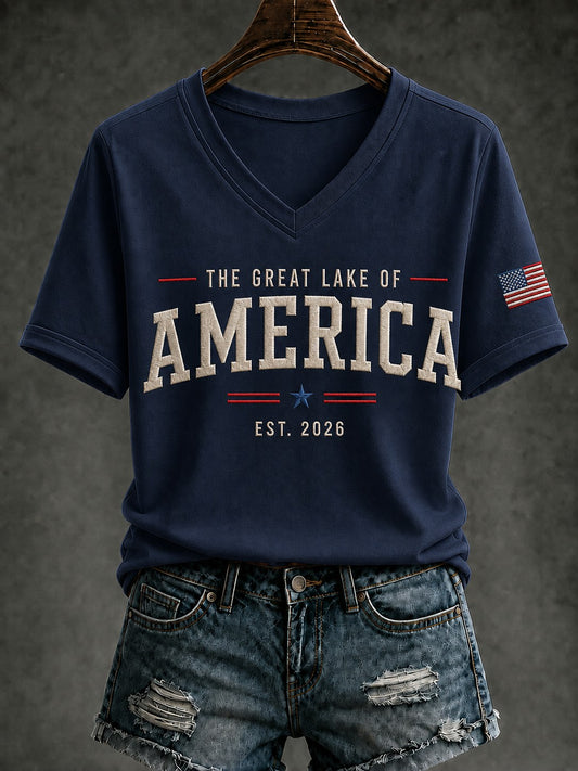 Women's Lake America Printed V-neck T-shirt