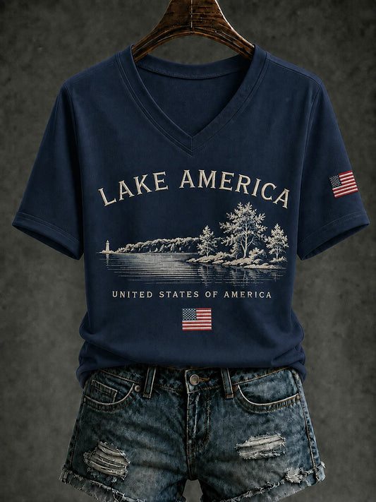 Women's Lake America Printed V-neck T-shirt