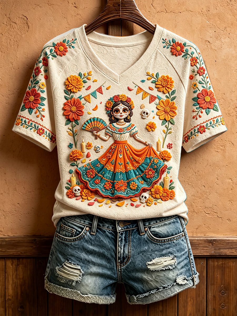 Women's Mexico Day of The Dead Floral Art Printed T-shirt