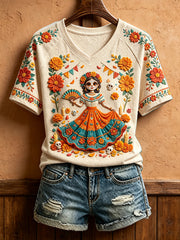 Women's Mexico Day of The Dead Floral Art Printed T-shirt