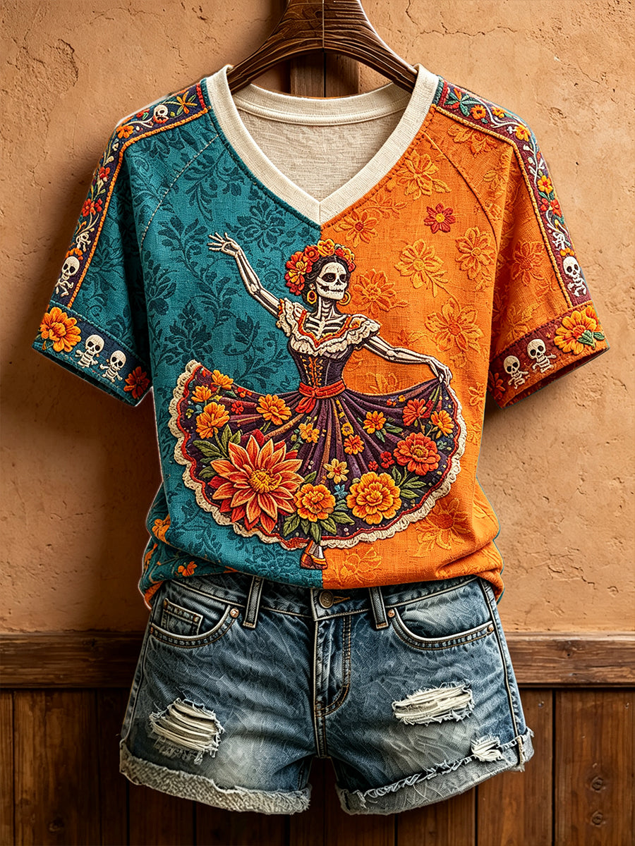 Women's Mexico Day of The Dead Floral Art Printed T-shirt