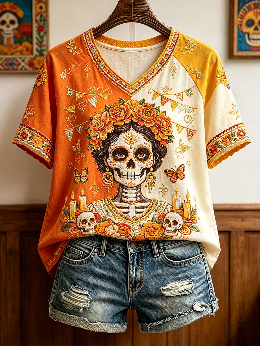 Women's Mexico Day of The Dead Floral Art Printed T-shirt