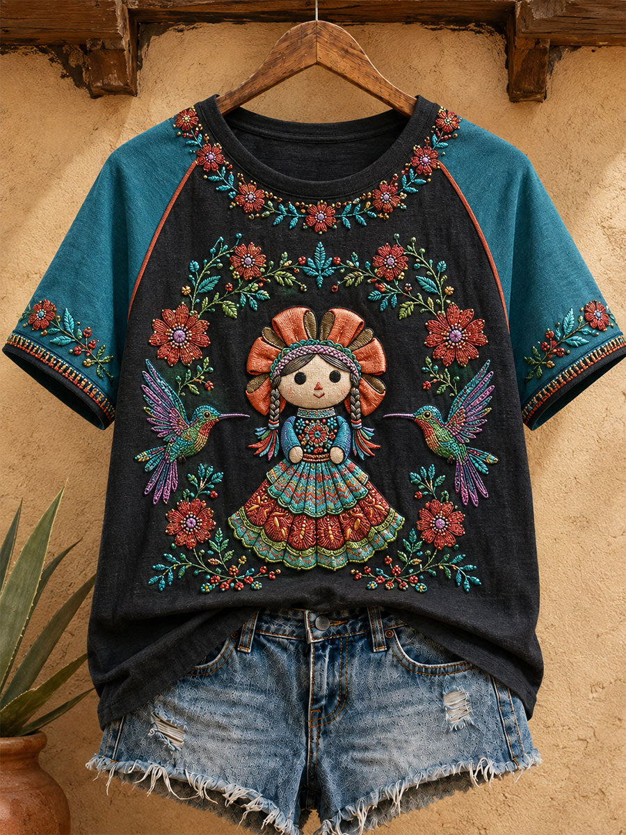 Women's Mexico Lele Doll Floral Art Printed T-shirt