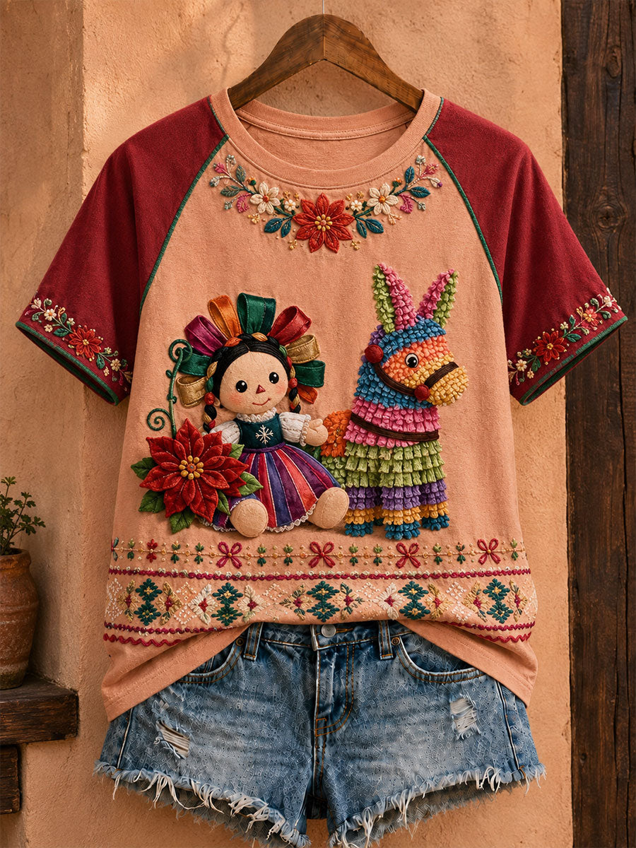 Women's Mexico Lele Doll Floral Art Printed T-shirt