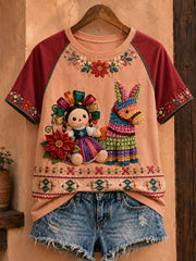 Women's Mexico Lele Doll Floral Art Printed T-shirt