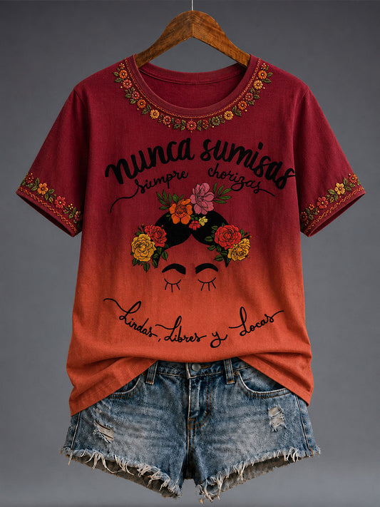 Women's Mexico Lele Doll Floral Art Printed T-shirt