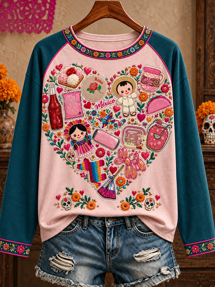 Women's Mexico Lele Doll Floral Art Printed T-shirt