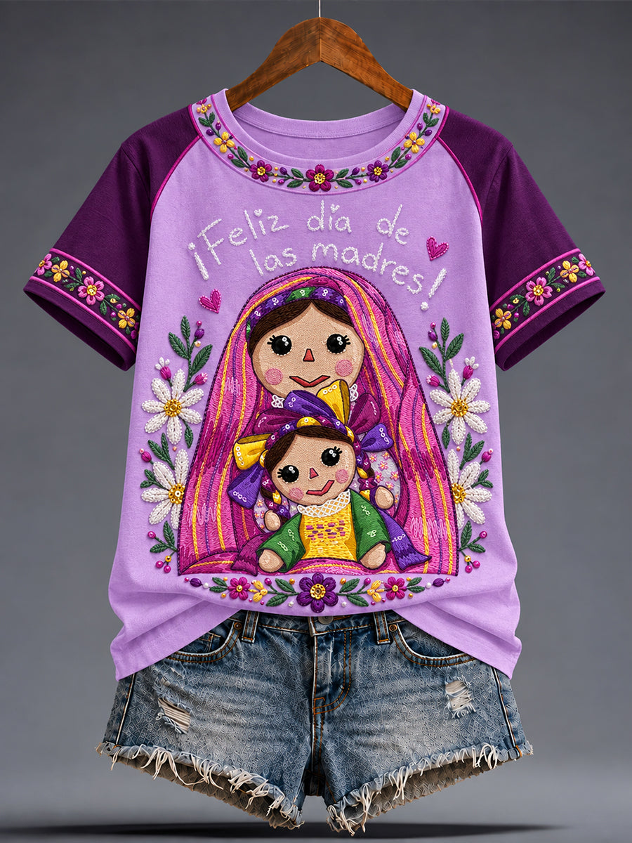 Women's Mexico Lele Doll Floral Art Printed T-shirt