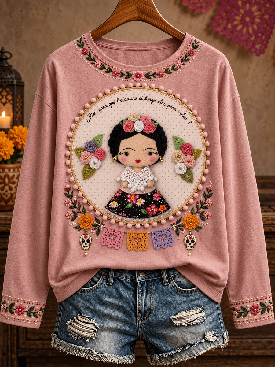 Women's Mexico Lele Doll Floral Art Printed T-shirt