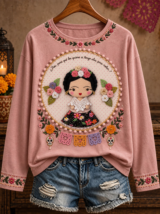 Women's Mexico Lele Doll Floral Art Printed T-shirt